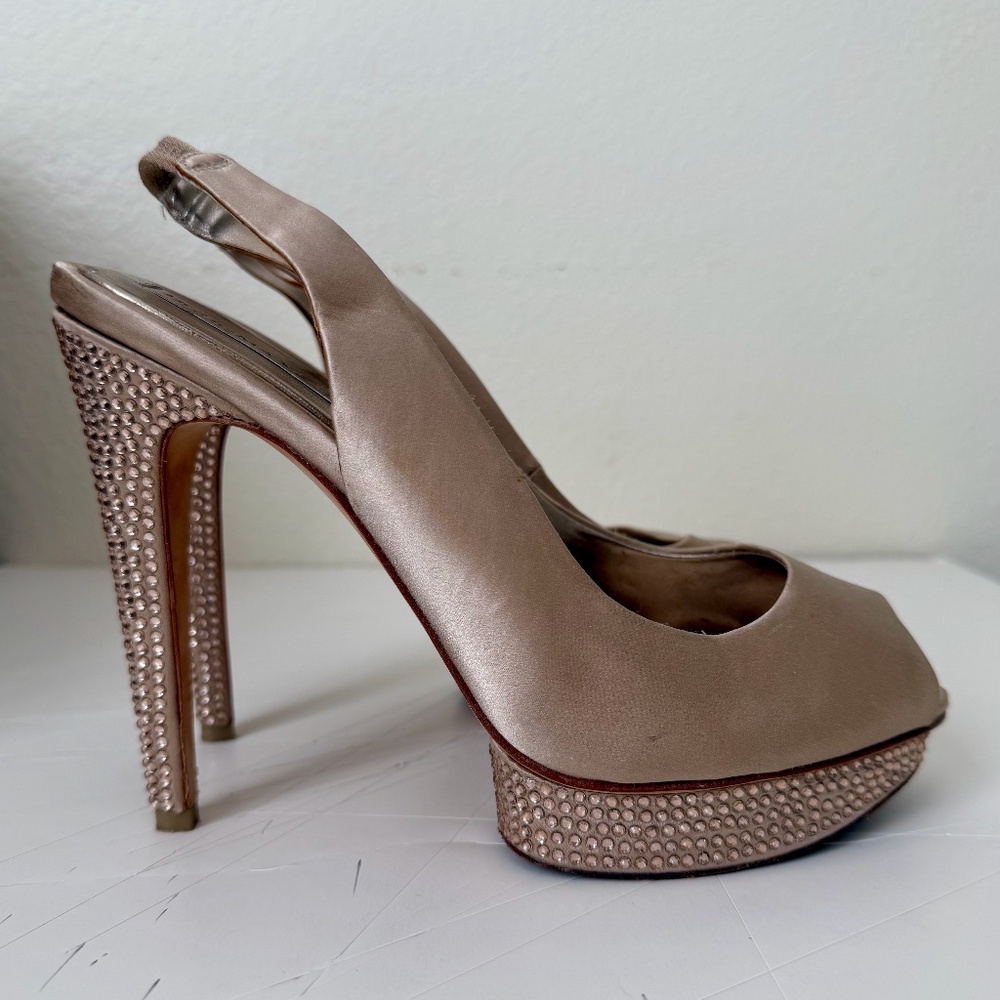 BCBGMaxAzria Falcon Chic Satin Slingback Heels with Rhinestone Accents